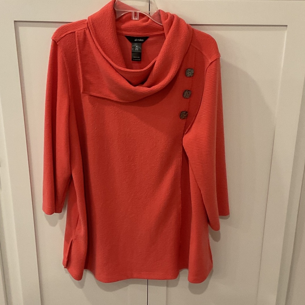 Ali Miles Coral Color Cowl Neck Shirt with Button Details